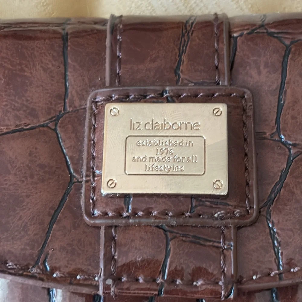 Liz Claiborne Vintage brown crocodile print wristlet with cloth tie accent,